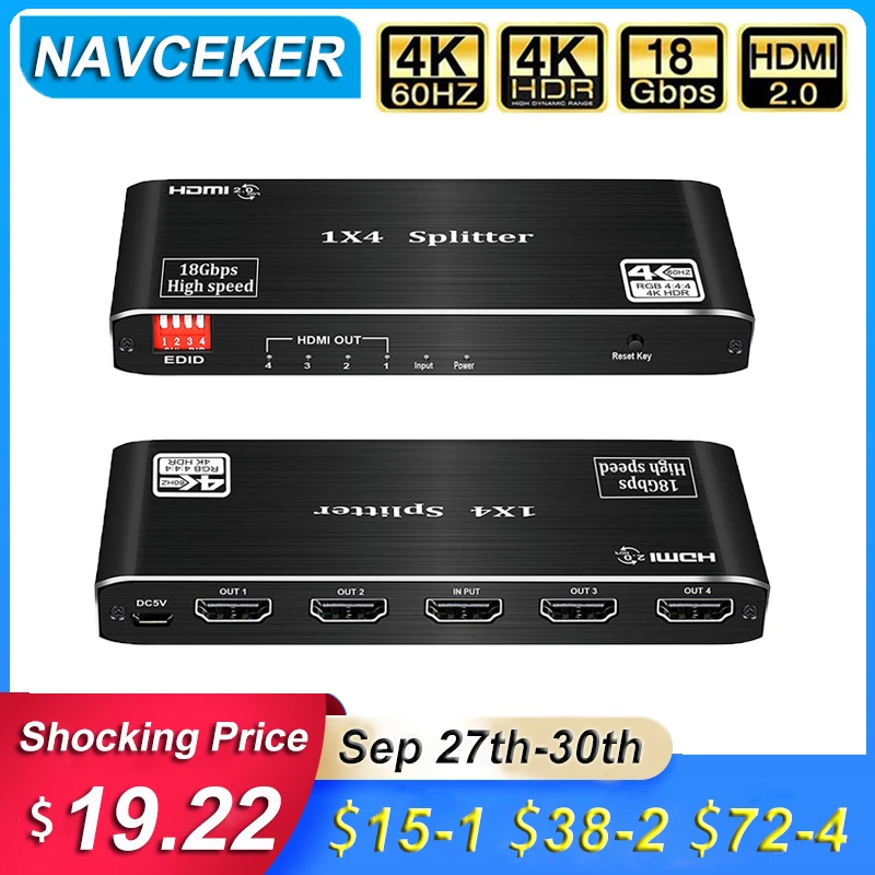 Navceker-Divisor 4K 1x4 HDMI 2,0, HDR, HDMI 1x2 4K, HDCP 2,2, 1080P, HDMI, para PS4, Apple TV