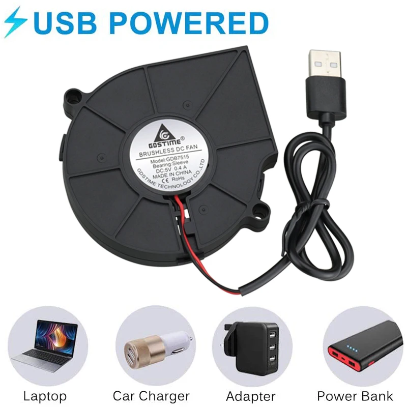 Gdstime-ventilador de escape de refrigeración, radiador de disipador de calor sin escobillas, Turbo centrífugo de CC, 75mm, 5V, 12V, 24V, 2 pines, USB, 75x75x15mm, 2 piezas - imagen 3