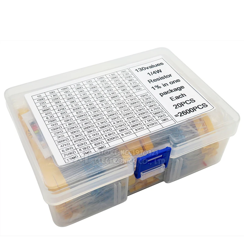 2600 unids/lote 130 valores 1/4W 0,25 W 1% resistencias de película metálica paquete surtido Kit lote resistencias surtido Kits resistencia fija