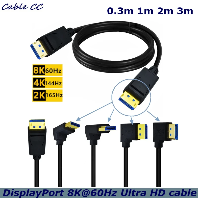 Cable DisplayPort de ángulo recto de 30cm, 1m, 2m, 3m, versión 1,4 8K @ 60Hz para TV, Monitor, tarjeta gráfica, PC, Notebook, adaptador DP 3D