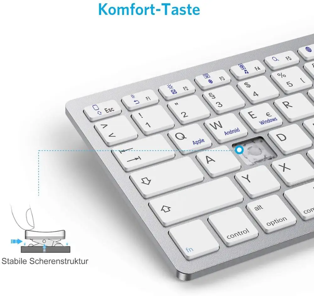 Teclado Bluetooth alemán delgado portátil luz Deutsche diseño QWERTZ Tastatur inalámbrico para iPhone iOS Android Windows Smart TV