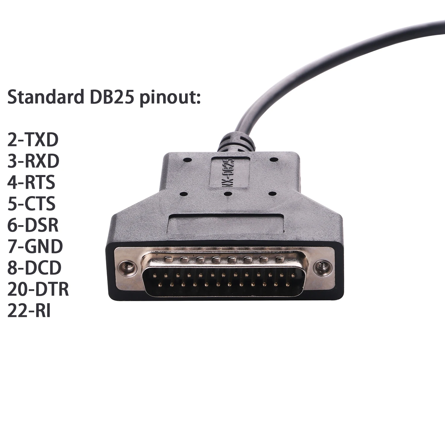 Adaptador USB a DB25 RS232 - Detalle del conector DB25 macho con pinout estándar