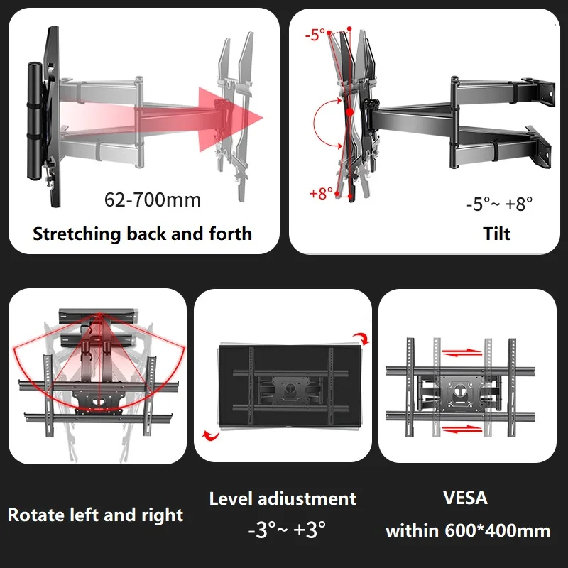Soporte de pared articulado para TV, soporte de inclinación de movimiento completo, soporte de estante para 37 "-75" VESA 600x400mm, carga de 126.76lbs DY603, 6 brazos - imagen 4