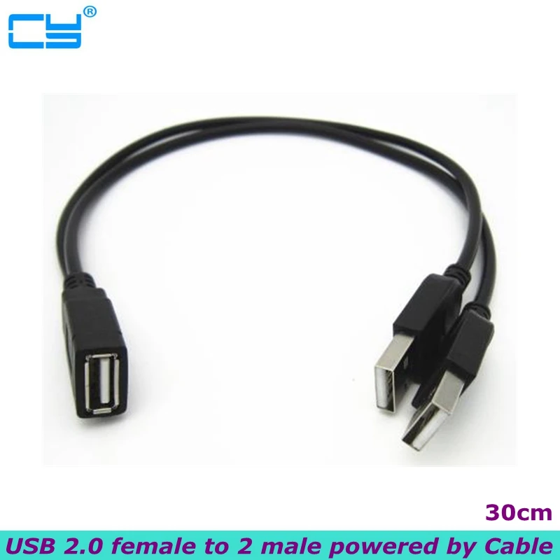Cable de alimentación de datos USB Y de 30cm para ordenador, Cable de carga de extensión Dual, USB2.0-A hembra A 2 A macho