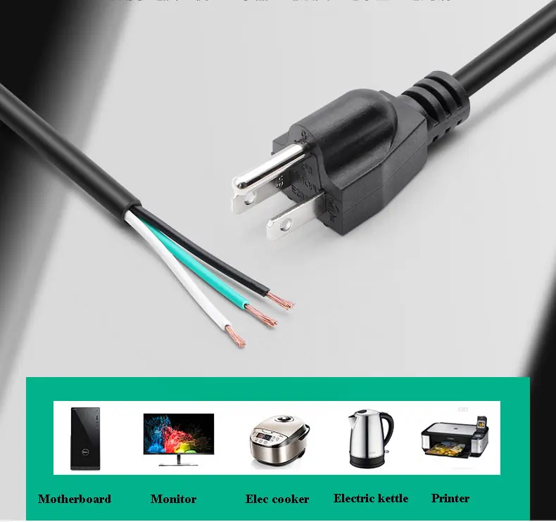 Cable de alimentación de 3 clavijas de 2M, un cabezal, 3x1,33 cuadrados, EE. UU., americano, con enchufe de clavija de 3 pines, SVT SJT SJTW, ordenador, TV, familia adecuada - imagen 3