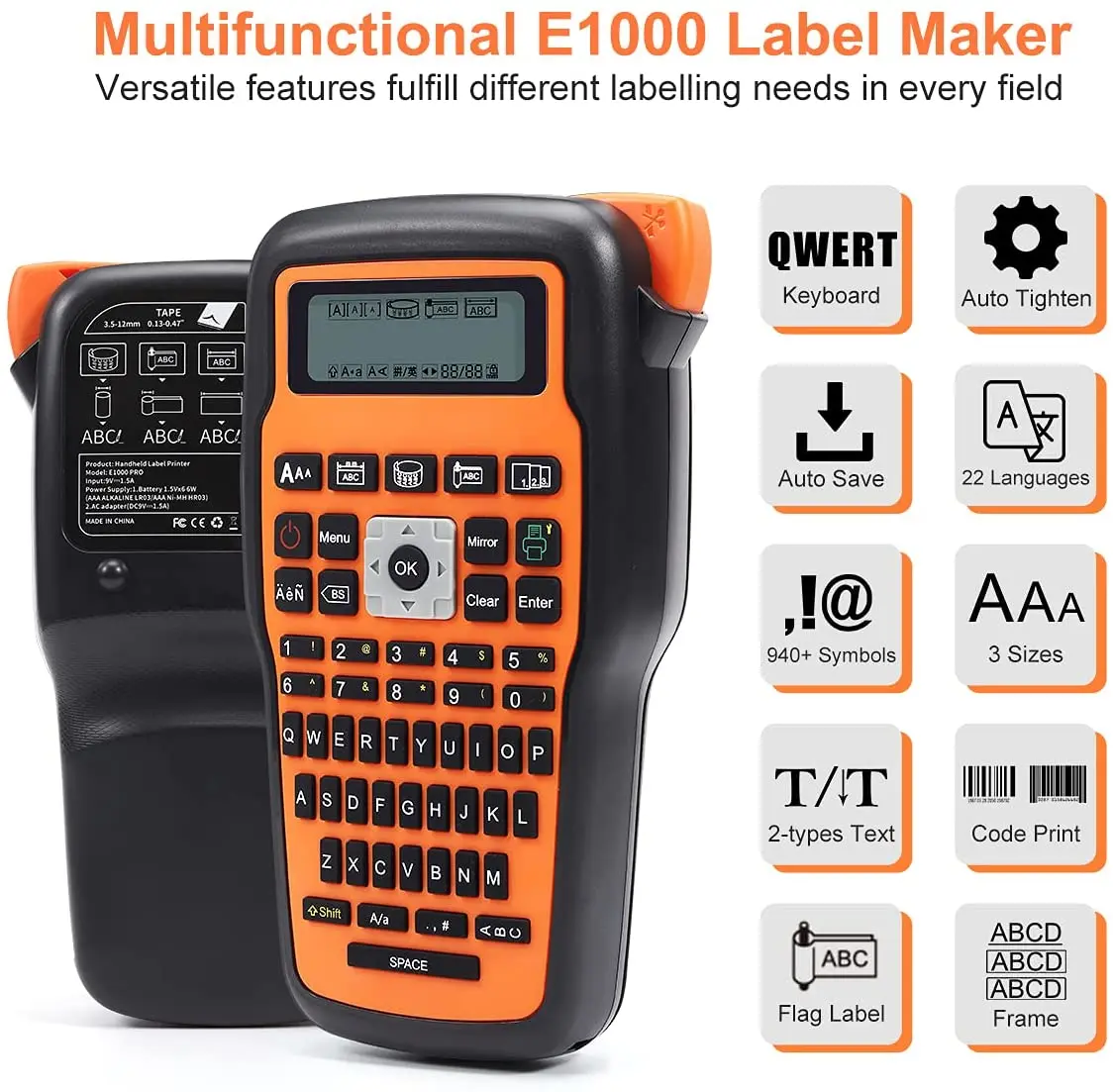 Impresora para hacer etiquetas E1000 PRO, Compatible con tubos termorretráctiles, cinta para hacer etiquetas TZ231, símbolos de teclado QWERTY, impresora Industrial - imagen 5