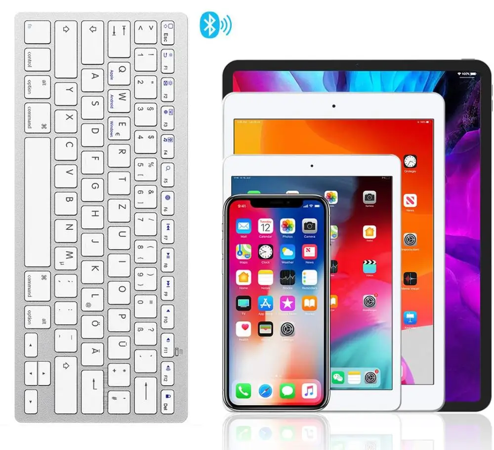 Teclado Bluetooth alemán delgado portátil luz Deutsche diseño QWERTZ Tastatur inalámbrico para iPhone iOS Android Windows Smart TV - imagen 3