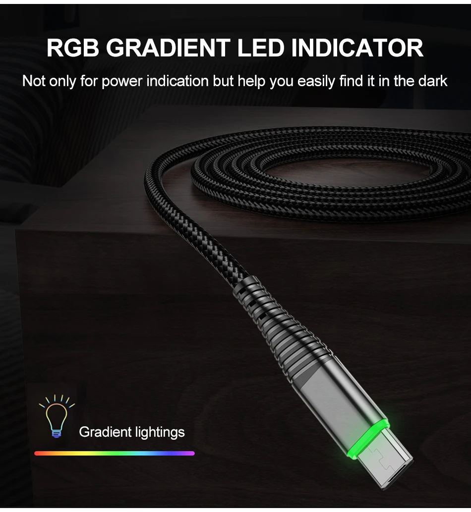 Cable Micro USB 3A para teléfono móvil, Cable de carga rápida para Xiaomi Redmi, Cable Micro USB LED - imagen 5