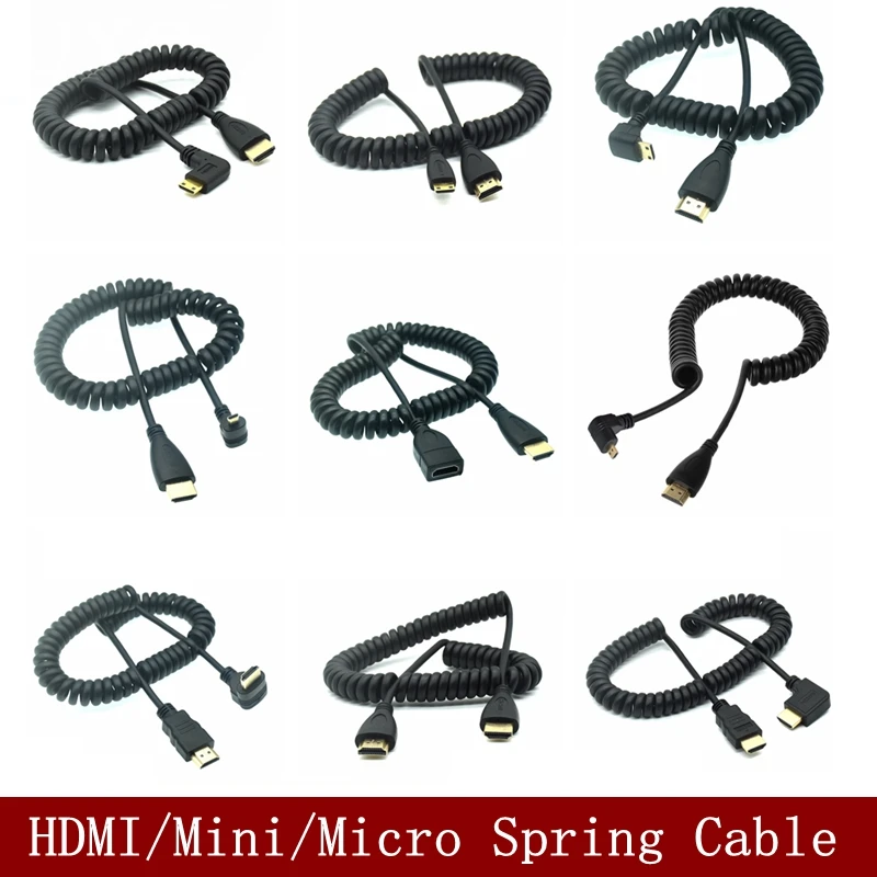 Mini HD Micro HDMI compatible con macho a macho, Cable Flexible de rizo de resorte elástico, V1.4 DSLR, 0,5 M/1,8 M