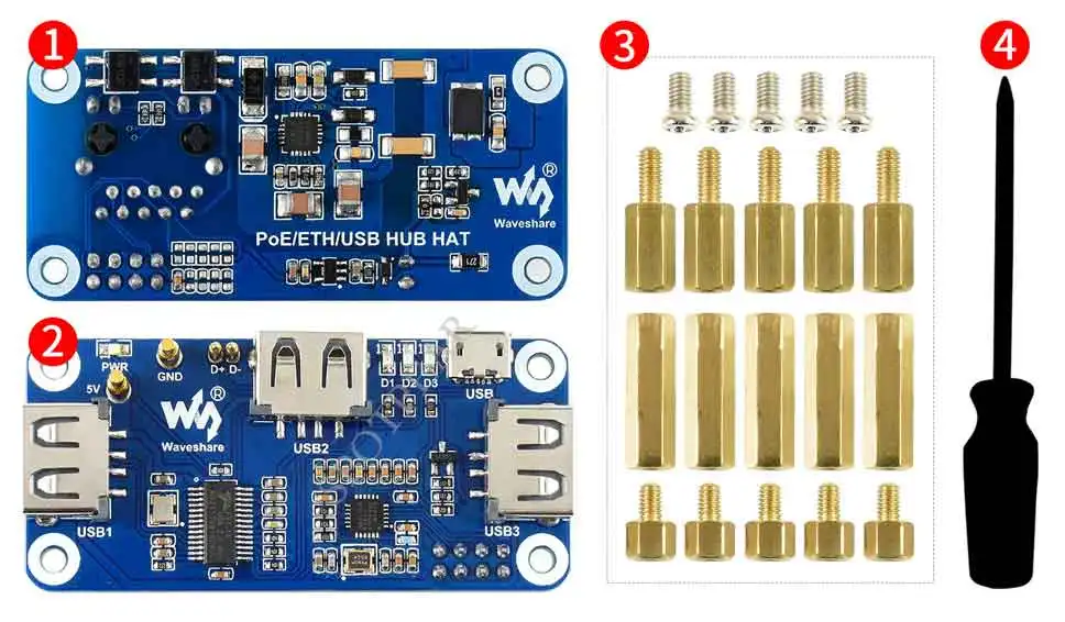 Raspberry Pi Zero PoE Ethernet / USB HUB HAT 1x RJ45, 3x USB - imagen 2