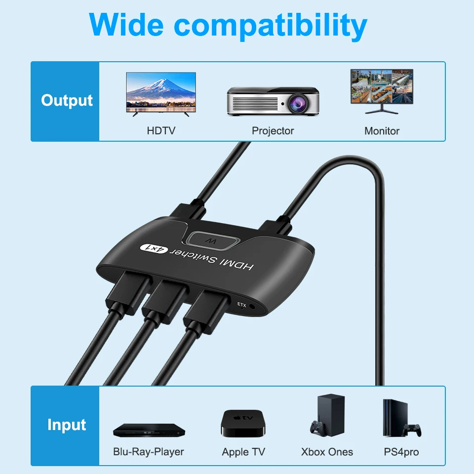 Conmutador compatible con HDMI 4X1 HDR 4K 30Hz 4 en 1 salida con Cable remoto para PS5 PS4 pro Apple TV - imagen 3