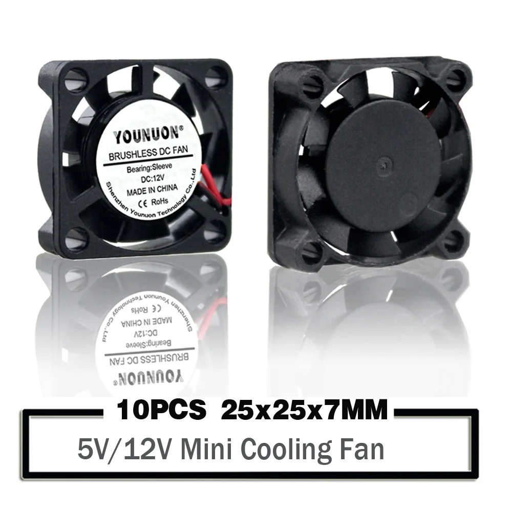 Ventilador de refrigeración sin escobillas, de refrigeración de 2 pines miniventilador, DC 5V/12V, ABS, color negro, 25x25x7MM, 2507, 10 Uds.