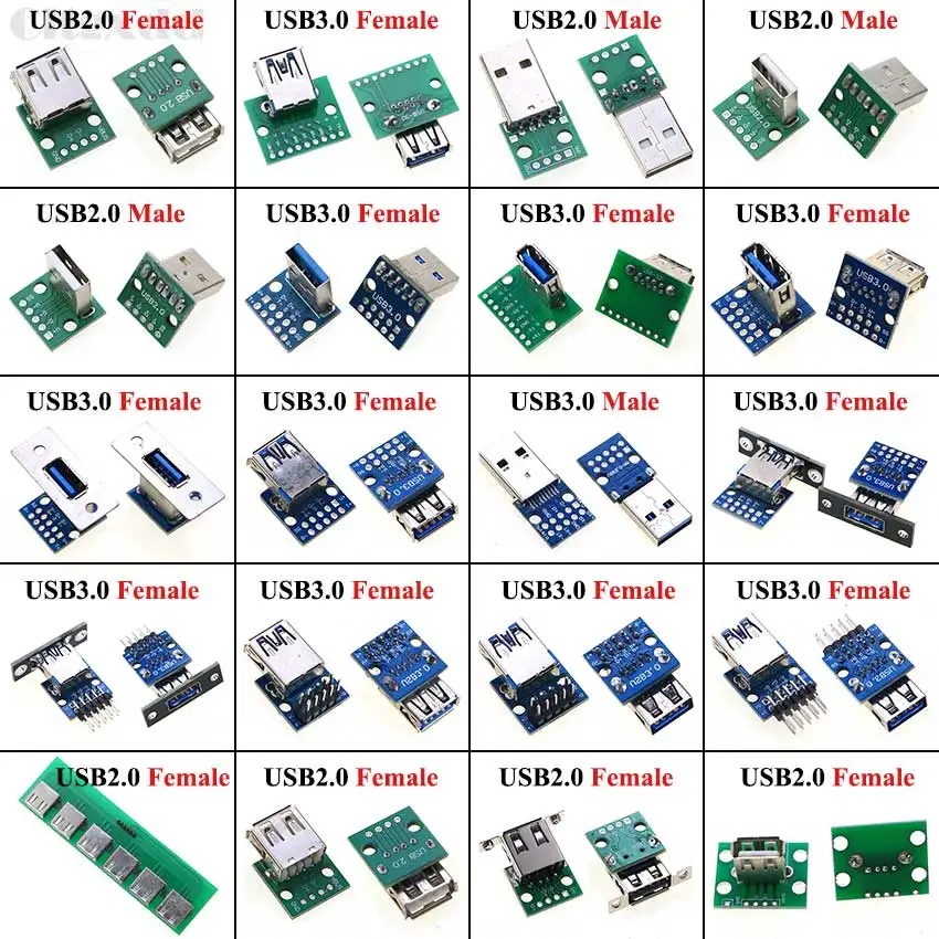 1 pieza tipo A USB 2,0 3,0 macho hembra conector de puerto de carga con orificios de fijación cabeza USB Placa de prueba de soldadura Vertical