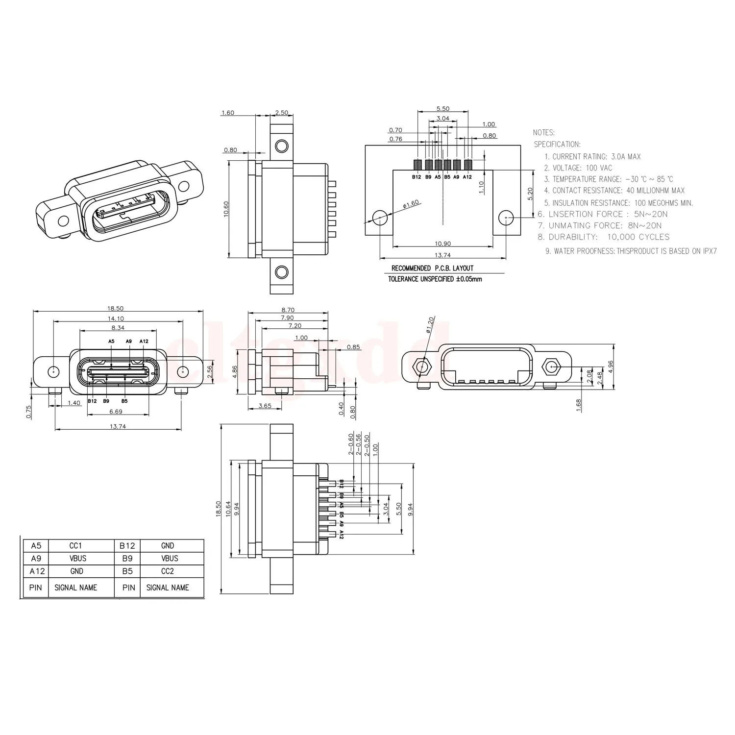 Conector USB 3,1 tipo C de 6 pines hembra, conector SMD DIP con orificio de tornillo para diseño de PCB DIY, carga rápida de alta corriente, 1 piezas - imagen 5