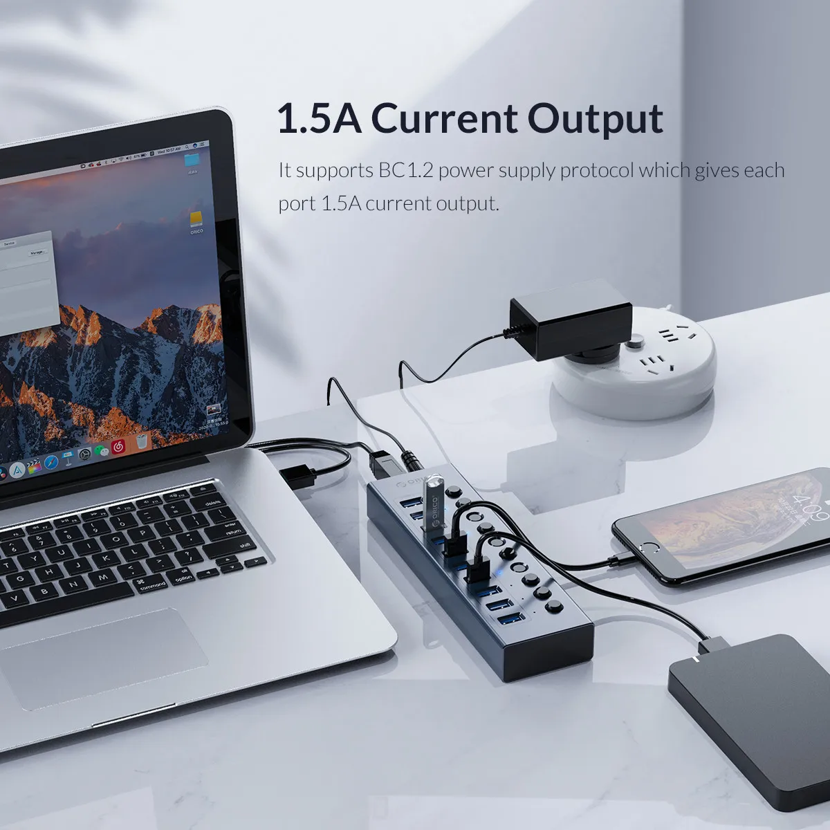 ORICO-HUB USB 3,0 Industrial, 7/10/13/16, divisor de aluminio, interruptor de encendido/apagado con adaptador de corriente de 12V, compatible con carga para ordenador - imagen 4