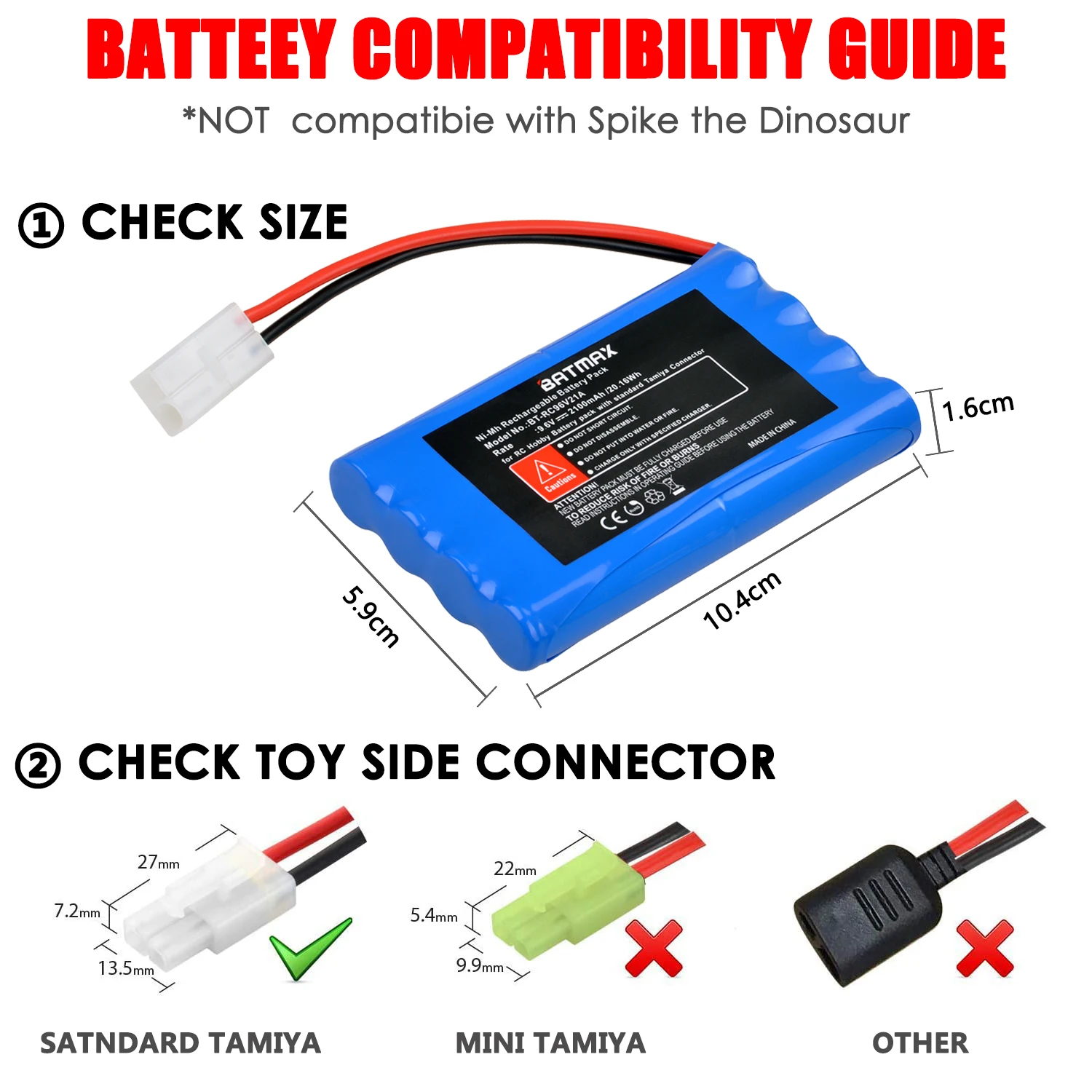 Batmax-Batería de coche a control remoto, 9,6 V, 2100mAh, RC96V21A para RC Hobby y RC Car con conector Tamiya estándar - imagen 4