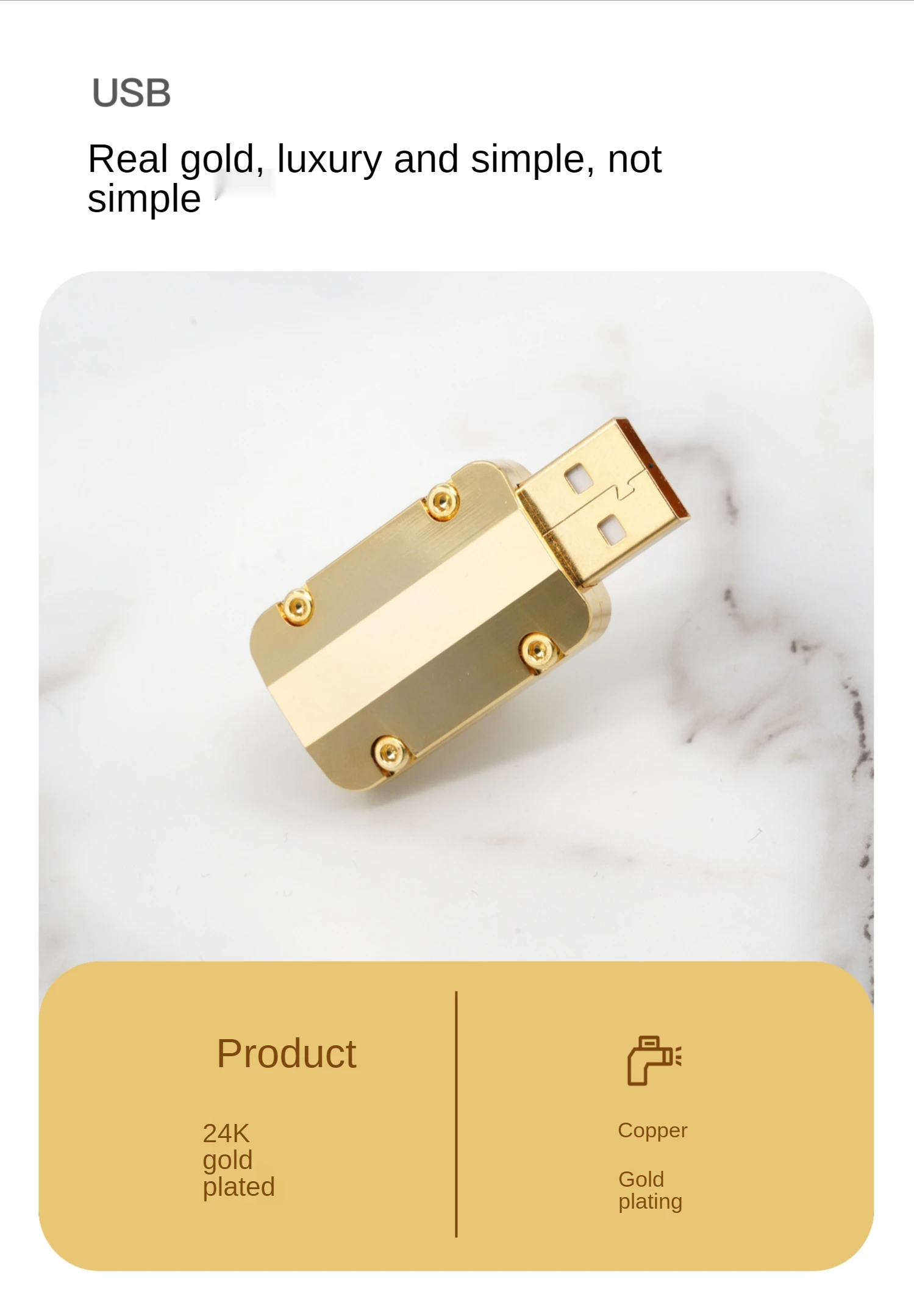 Se muestra un USB de color dorado sobre un fondo blanco.