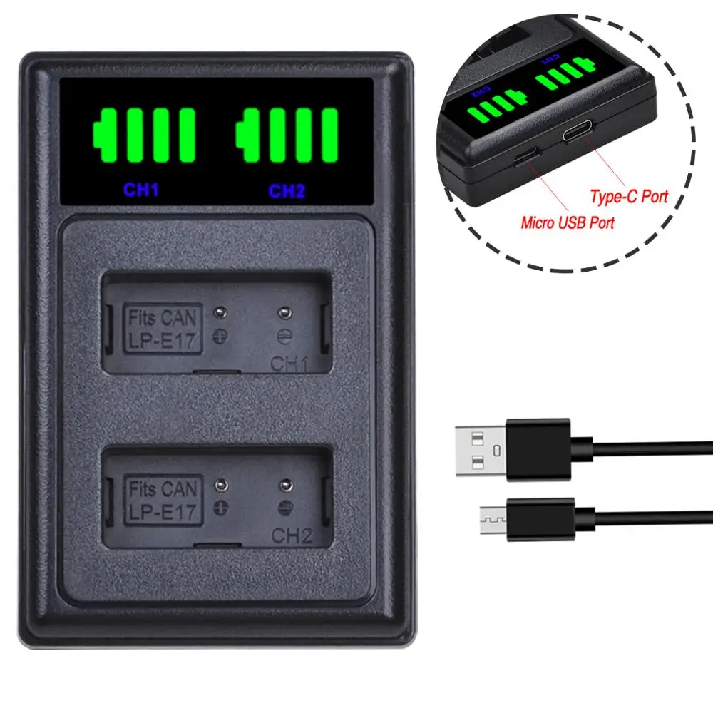 Batmax-cargador de batería LP-E17 LPE17 LP E17, luz LED Dual, USB, para Canon EOS 200D, M3, M6, 750D, 760D, T6s, 800D, 8000D