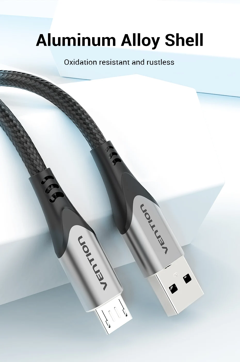 Un cable USB con una carcasa de aleación de aluminio. El cable parece estar diseñado para brindar durabilidad y resistencia a la oxidación y al óxido, como lo indica el texto en la imagen.