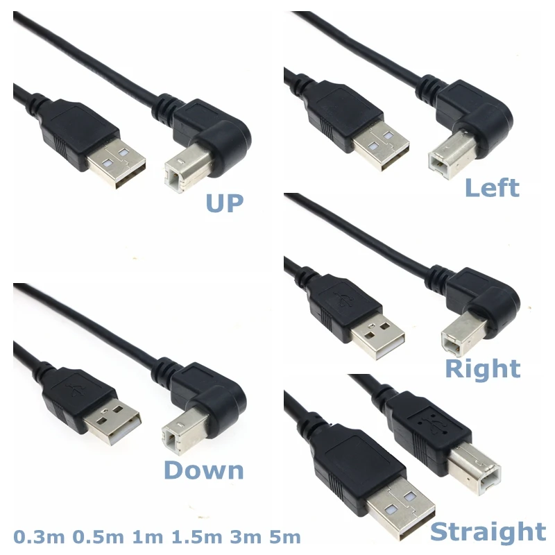 USB 2.0 A to B Type Male to Male 90 Degree UP, Down, Left and Right Corner Cable For Canon Epson HP ZJiang Label Printer DAC - imagen 2