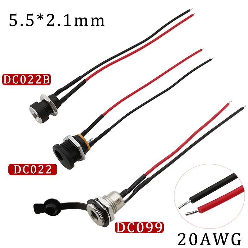 Conector hembra de carga para Panel de alimentación, 5 piezas, DC099/DC022/DC022B, 20AWG, 5,5x2,1mm, 10/15/20CM