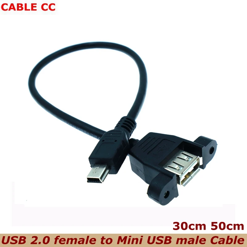 Cable de extensión Mini USB macho a USB 2,0 hembra de 30cm con conector adaptador de bloqueo de orificio de tornillo de montaje en Panel para ordenador