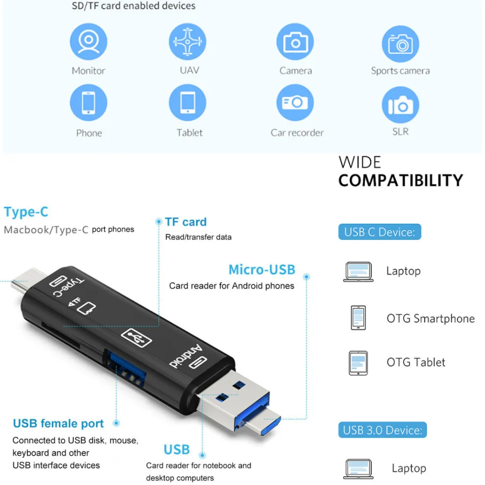 Grwibeou tipo C, Micro USB y USB 3 en 1 lector de tarjetas OTG TF Universal de alta velocidad para cabezales de extensión de ordenador de teléfono Android - imagen 2