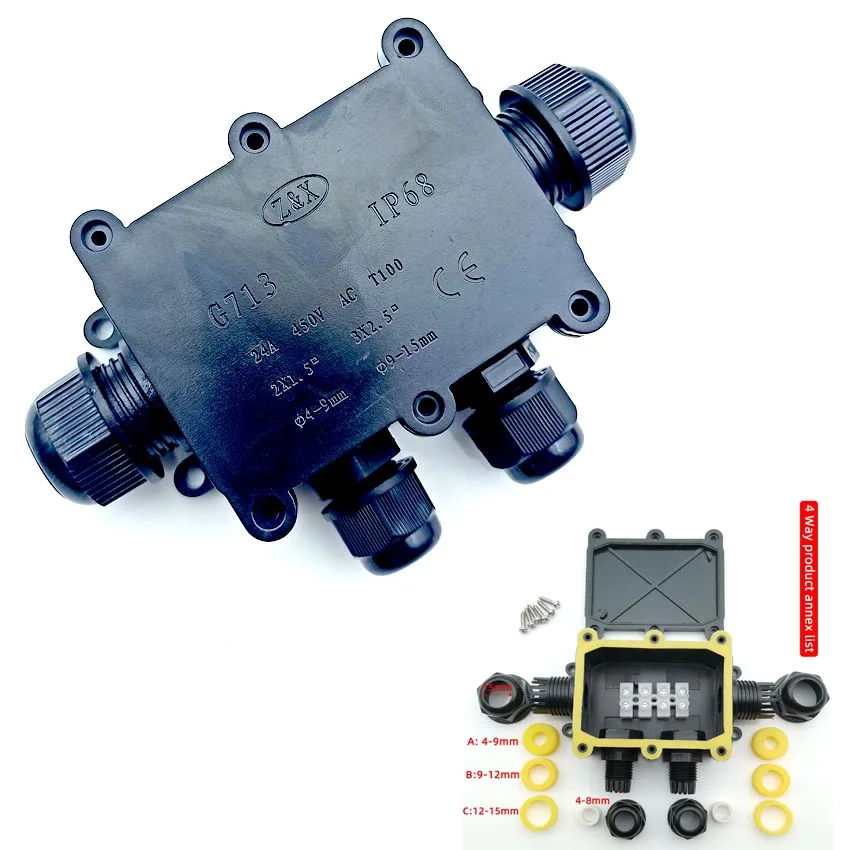 Caja de conexiones IP68 impermeable UV a prueba de sol al aire libre 4 vías caja de conexiones eléctricas de plástico protección del conector del Cable - imagen 4