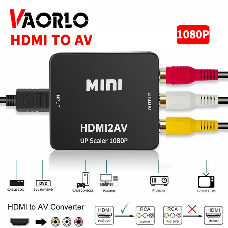 VAORLO-adaptador HDMI compatible con AV RCA CVBS, convertidor de vídeo 1080P HD Mini HDMI2AV PAL NTSC Switch para TV Box PC proyector DVD