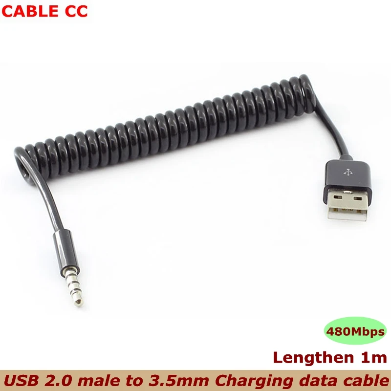 Enchufe auxiliar de audio USB de 2,0 a 3,5mm, adaptador de conector macho a macho, cable de resorte de datos, utilizado para conectar el teléfono móvil al MP3 del coche