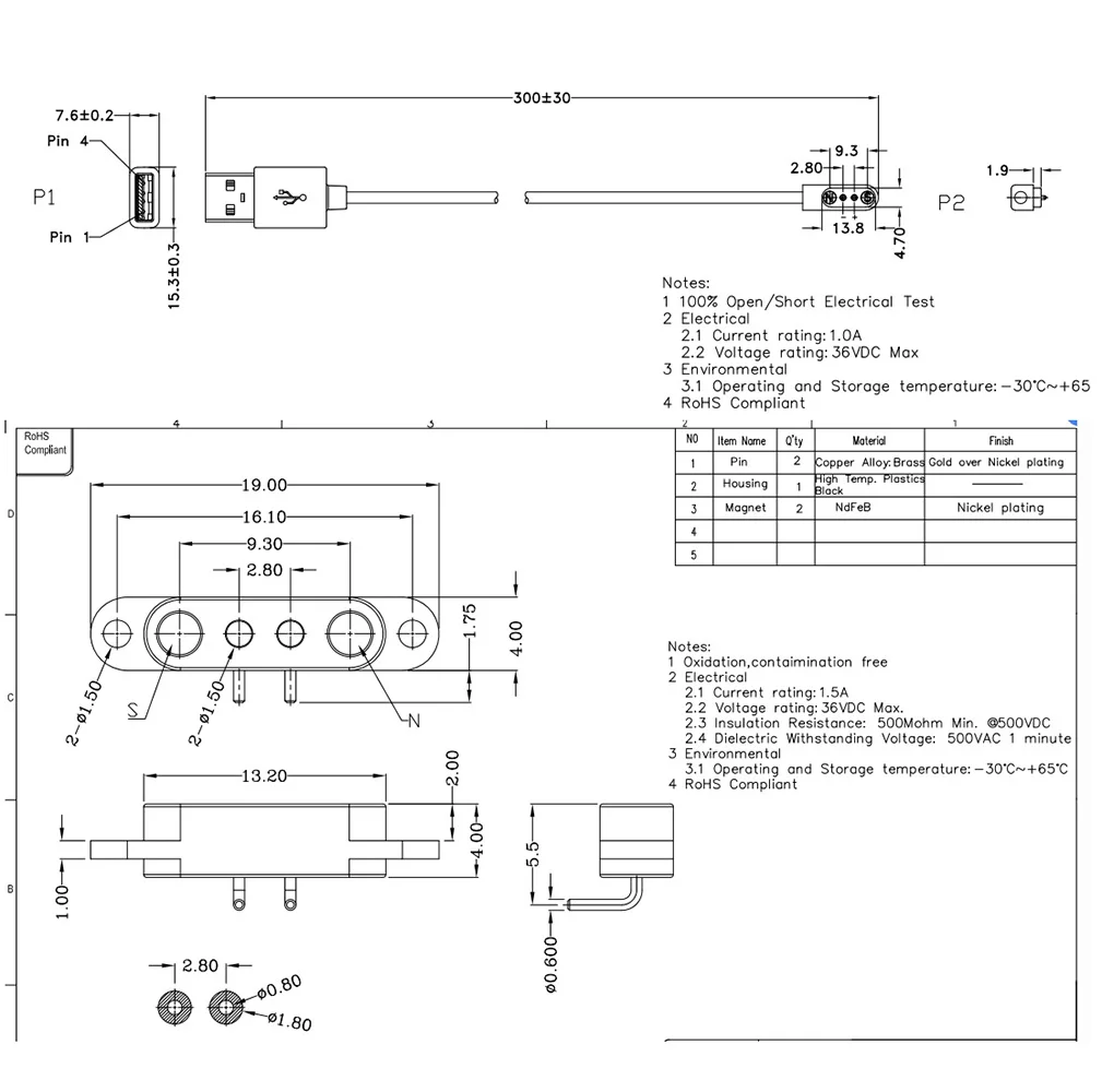 Conector USB a pin Pogo magnético con resorte, paso de 2 pines, 2,8mm, orificio pasante, macho hembra, 2A, 36V CC, Cable de sonda de carga de energía - imagen 5