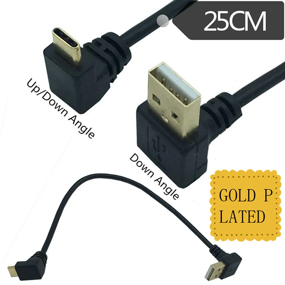 Cable conector de carga de datos USB 3,1 tipo c USB macho a USB macho, ángulo arriba y abajo, chapado en oro de 90 grados, 25cm para tableta y teléfono
