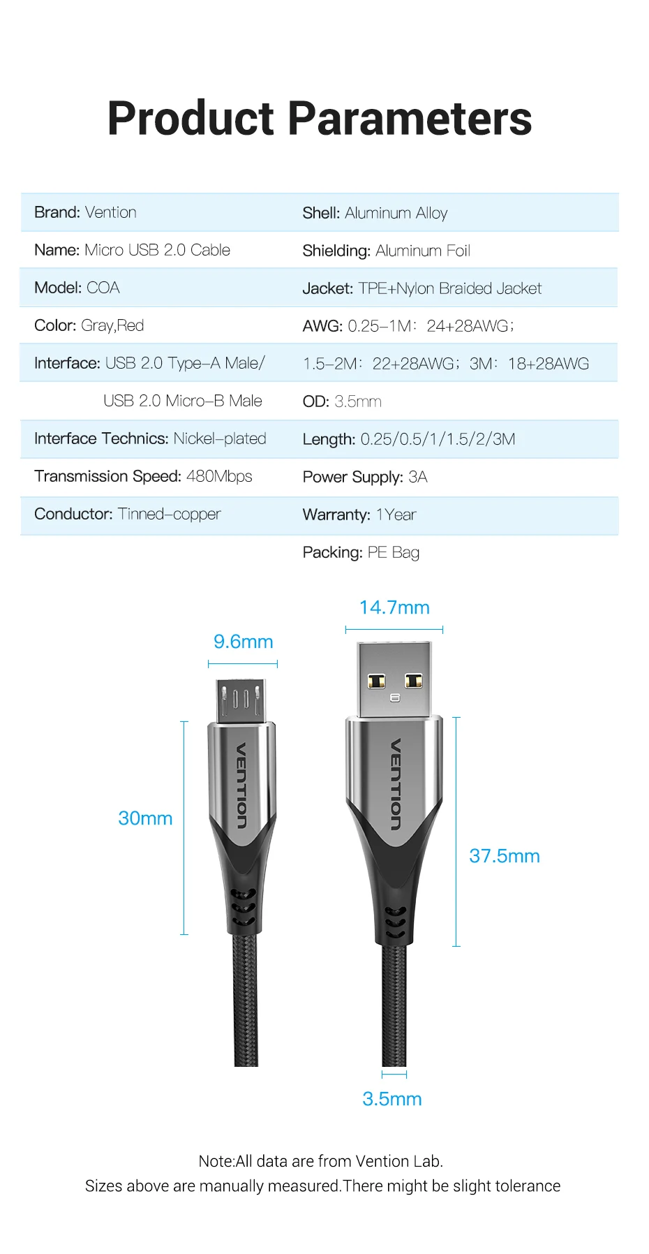 Una hoja de especificaciones de producto para un cable Micro USB 2.0. La ficha incluye varios detalles sobre el producto, como la marca, modelo, color y materiales utilizados. También enumera las dimensiones del cable, incluida la longitud, el ancho y la altura del cable y el conector.