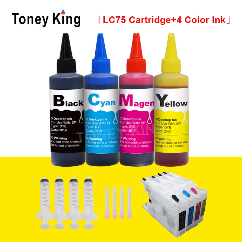 Toney-cartucho de tinta recargable King LC 75, 12, 40, 71, 73, 400, 1220, 1240, 4 botellas de tinta de Color para impresora Brother MFC-J6710CDW J5910