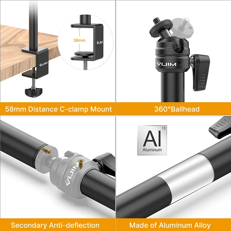 VIJIM LS08-Soporte de luz con abrazadera en C para escritorio, brazo de extensión de tres secciones, cabezal de bola de 1/4 pulgadas para micrófono, cámara DSLR, carga máxima de 1KG - imagen 5