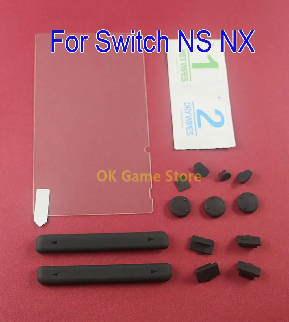 1 juego/lote para NS Switch juegos de tapones antipolvo de silicona y Protector de pantalla de vidrio templado película protectora de acero para consola Switch NS NX