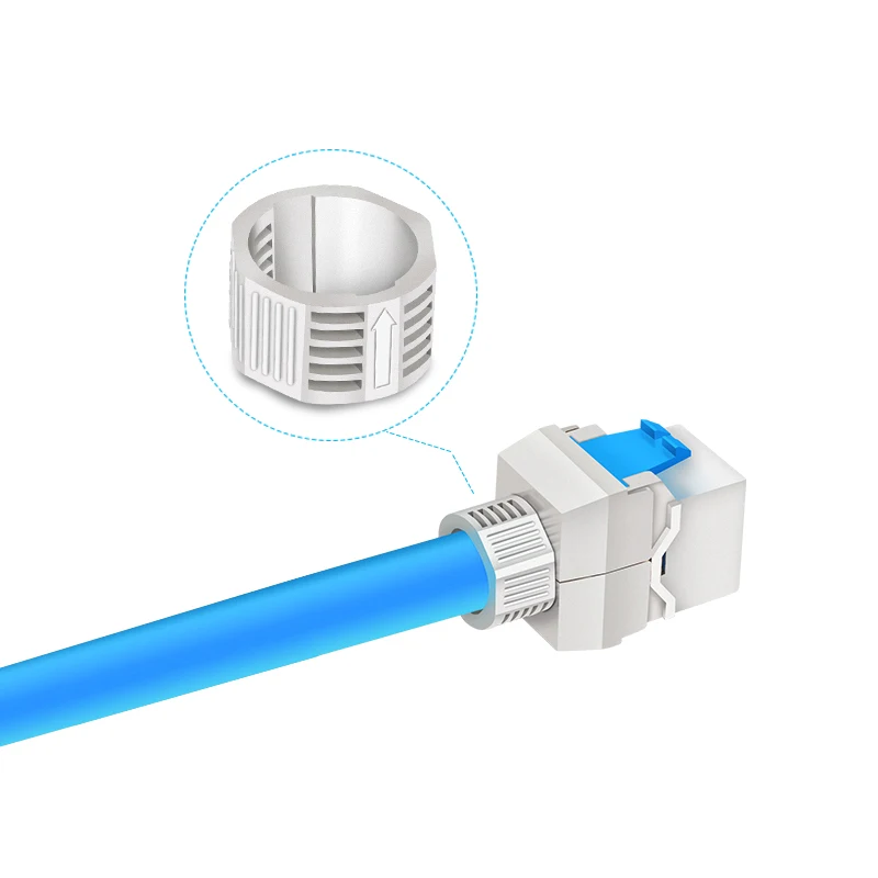Un cable eléctrico azul y blanco con un conector
