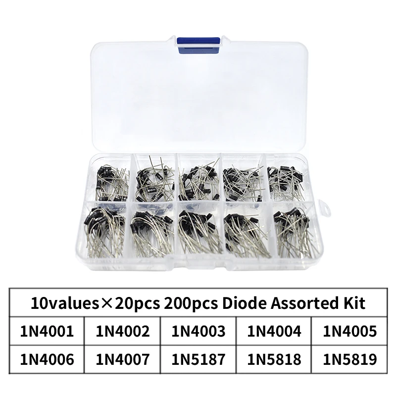 Kit surtido de diodos rectificadores de 10 valores, 200 piezas, 1N4001, 1N4002, 1N4003, 1N4004, 1N4005, 1N4006, 1N4007, 1N5817, 1N5818, 1N5819 + caja