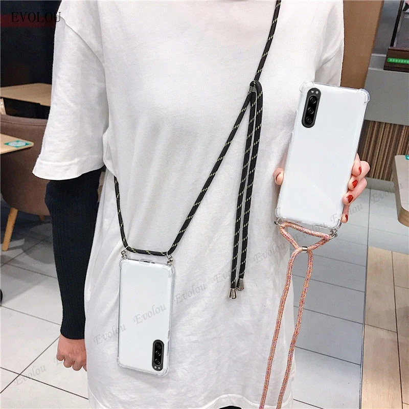 Funda transparente a prueba de golpes para Sony Xperia 10 III, carcasa trasera transparente a prueba de golpes para Xperia 1 5 II L5 L4 8, collar cruzado