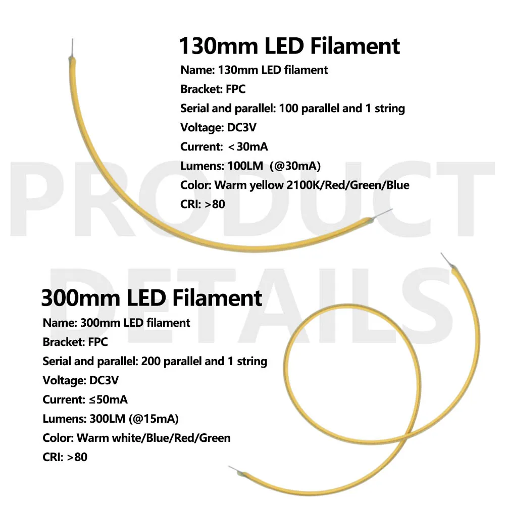 10 Uds 130mm 300mm filamento LED Flexible blanco frío cuentas de lámpara suave diodo DC3V para accesorios de bombilla Edison Retro luz en espiral DIY - imagen 2