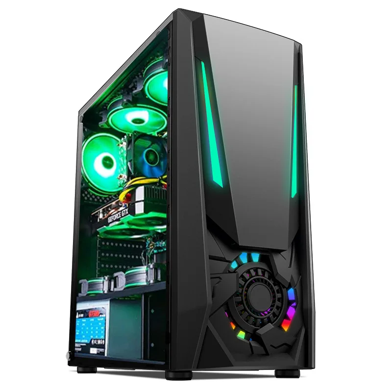 Una torre de computadora negra con luces verdes