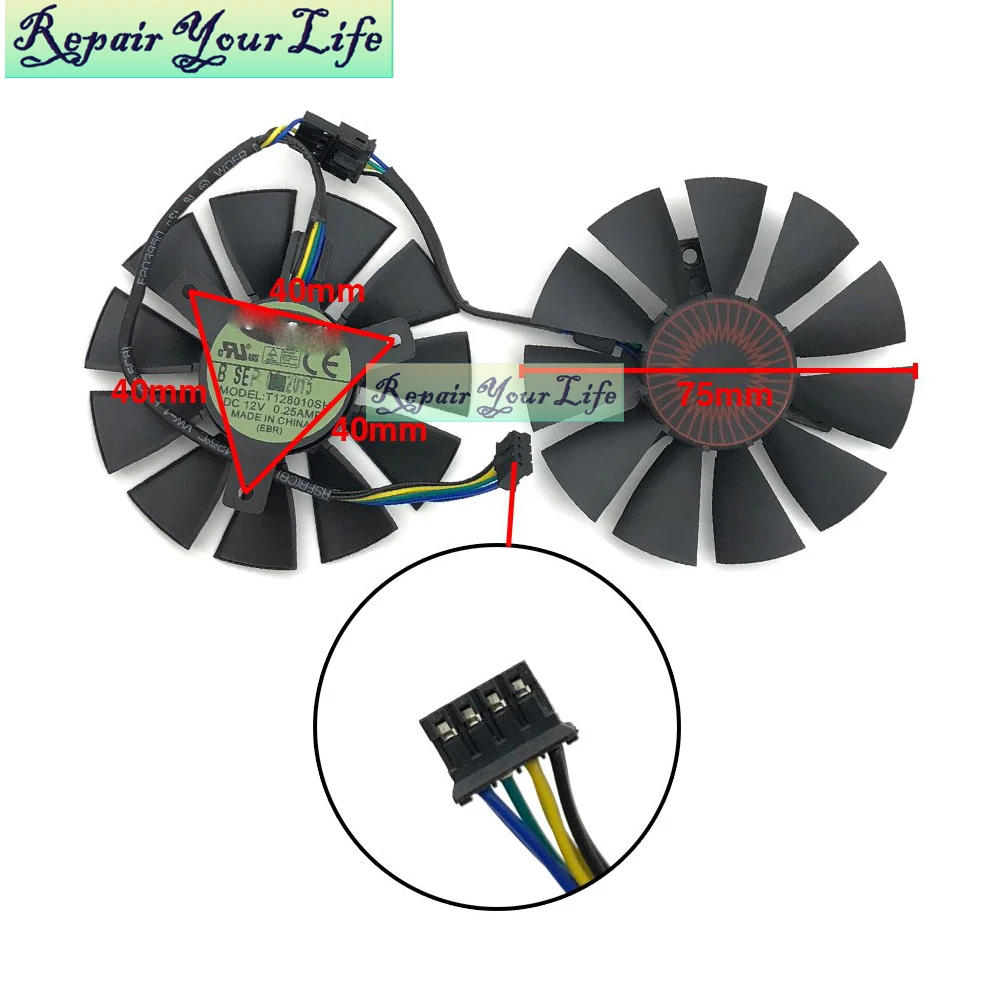 Ventilador de tarjeta gráfica GTX750, refrigerador de 75mm para ASUS STRIX GTX960 GTX950 GTX750Ti R9 370 T128010BH FD7010H12S, 4 pines, nuevo - imagen 3