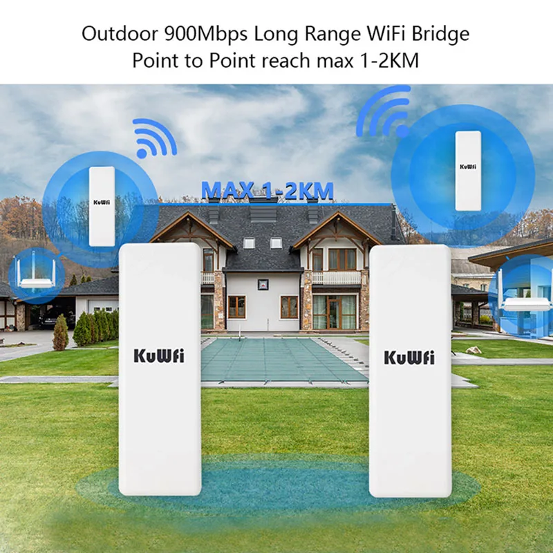 KuWFi 900Mbps puente Wifi para exteriores 5,8G enrutador WIFI repetidor extensor punto a punto 1-2 KM con adaptador POE para cámara IP - imagen 2