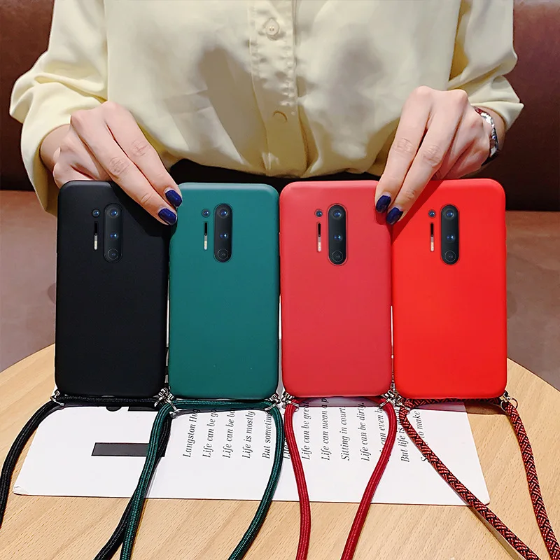 Para Oneplus 9 8 Pro 8 7T Pro 7T Funda de silicona líquida cuerda cruzada correa de mano mate suave cubierta a prueba de golpes para 1 + 8 8t 7t Funda