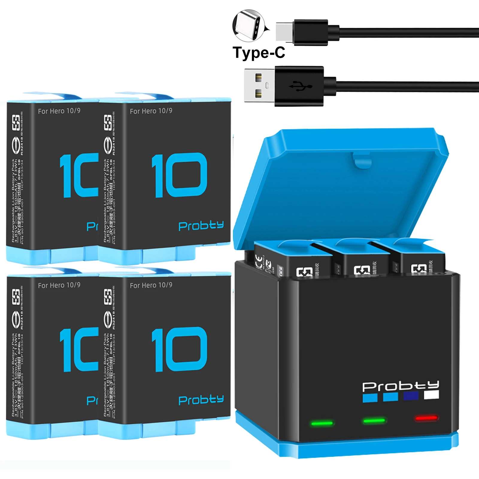 Caja de carga de almacenamiento para GoPro Hero 10 Hero 9, cargador de 3 ranuras, 1850mAh, negro