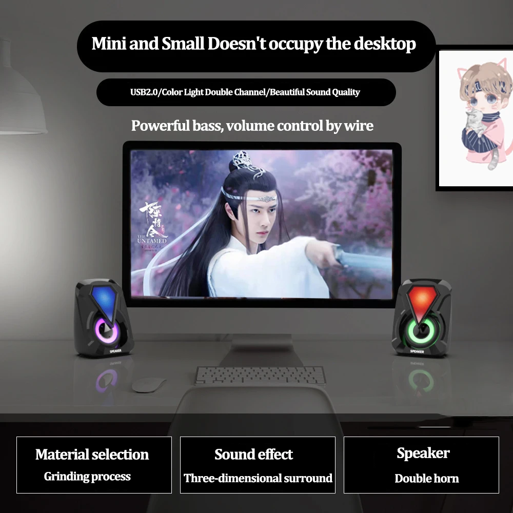 Altavoces de ordenador con cable USB, subwoofer estéreo de graves con luz LED colorida para teléfonos inteligentes portátiles, reproductor de MP3 - imagen 4