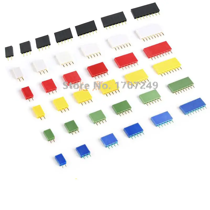 Rojo, verde, azul, amarillo, blanco, negro, paso de 2,54mm, fila única hembra/aguja de fila, 2 ~ 40P, placa de enchufe PCB, tira de conector de pines