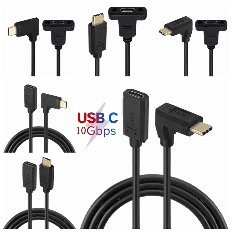 Oro tipo C USB 3,1 macho a USB-C hembra Cable de carga de datos de extensión de 90 grados diseño Reversible 10 Gb/s con tornillo de panel