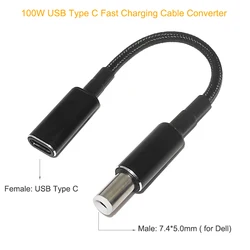 Adaptador convertidor tipo C de 100W, Cable de carga rápida USB-C PD, USB tipo C hembra a enchufe de 7,4x5,0mm para cargador de portátil Dell