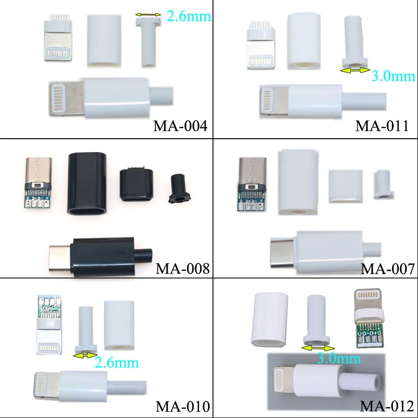 Conector de enchufe Micro USB tipo C para iphone 5, 5s, 6, 6s plus, 7, 7plus, 8 pines, blanco y negro, bricolaje, 1 Juego